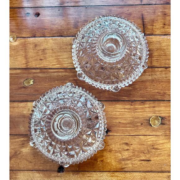 Vintage Set if 2 Anchor Hocking Pressed Glass Stars & Bars Clear Candle Holders - Picture 4 of 5